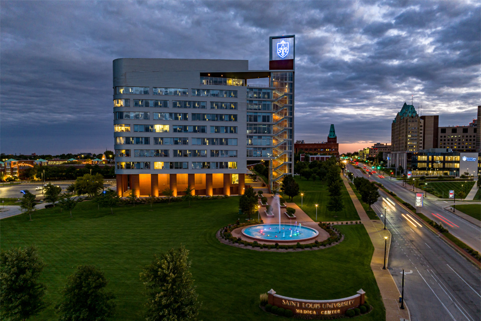 Exterior image of the Doisy Research Center at dusk.