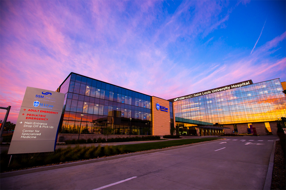 SSM Health Saint Louis University Hospital at sunset 